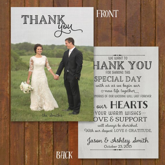 wedding thank you card with pre printed thank you message on back 2 front side options wedding thank you messages from bride and groom