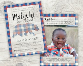 Baby Cub Adoption Announcement · Plaid Adoption Party Invitations · Printable Adoption Cards · Rustic, Bear, Blue & Red Plaid