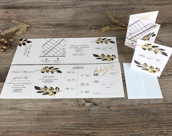 Black & Gold Wedding Invitations · All in One Classy Wedding Invitation · Accordion Fold with Tear off RSVP Card · Custom Designed (239)