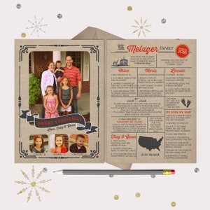 Jaaroverzicht kerstkaart - jute, grijs en rood - 4 foto's en een familie-update