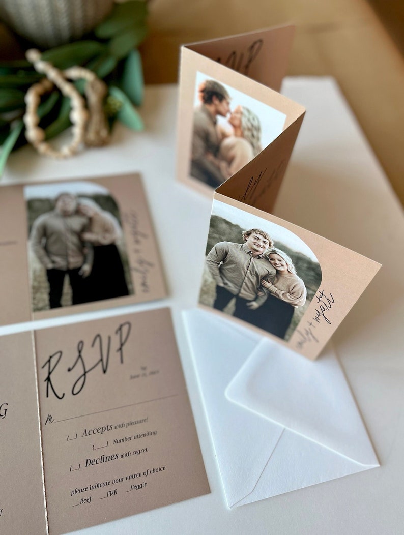 Custom Wedding Invitation Suite Minimalist Natural Wedding Invitation with Photos Arch Photo Tear Off RSVP Cards 249 image 3