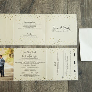 Gold Confetti Tri-Fold All-In-One Wedding Invitation Suite · gold & cream  · Photo Wedding Invitation  · Custom Wedding Invitation (189)