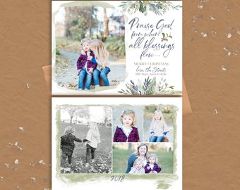 Könnte beinhalten: Eine Weihnachtskarte mit Familienfotos und dem Text "Praise God from whom all blessings flow..." und "Merry Christmas love, the Streits". Die Karte hat ein Aquarelldesign mit grünen und grauen Akzenten und dem Jahr 2018.