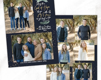 May include: A family Christmas card with multiple photos and text. The main photo features a family of seven. Text includes "May the God of Hope" and "Merry Christmas The Smith Family 2024". Additional photos are included.