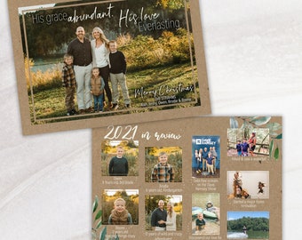 May include: A family Christmas card with a family photo and the text "His grace abundant. His love Everlasting." The card also includes the text "Merry Christmas" and a "2021 in review" section with family photos.