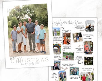 May include: A family Christmas card with a photo of a family of seven standing outdoors. The card includes the text "merry CHRISTMAS" and "the motiga family 2024". A second page shows highlights of the year with photos and captions.