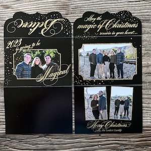 Cree en la magia de las tarjetas navideñas · Tarjetas navideñas plegadas de lujo · Más de 4 fotos en negro y dorado · Personalizadas: diseñadas a medida para ti