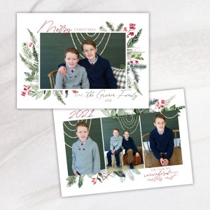 Tarjetas de Navidad Greenery & Berry · Tarjetas de vacaciones simples de 4 fotos de doble cara · Imprime el tuyo propio