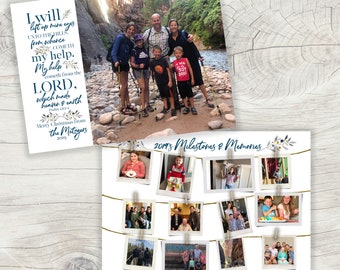 May include: Two holiday cards. One features a family photo with text: "I will lift up mine eyes unto the hills, from whence cometh my help. My help cometh from the LORD, which made heaven & earth." The other card displays multiple photos.