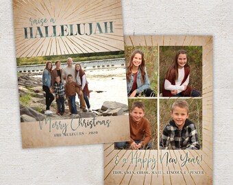May include: Two holiday cards with family photos. One card has the text "raise a HALLELUJAH" and "Merry Christmas". The other card says "& a Happy New Year!". Both cards have gold starburst designs and family names.