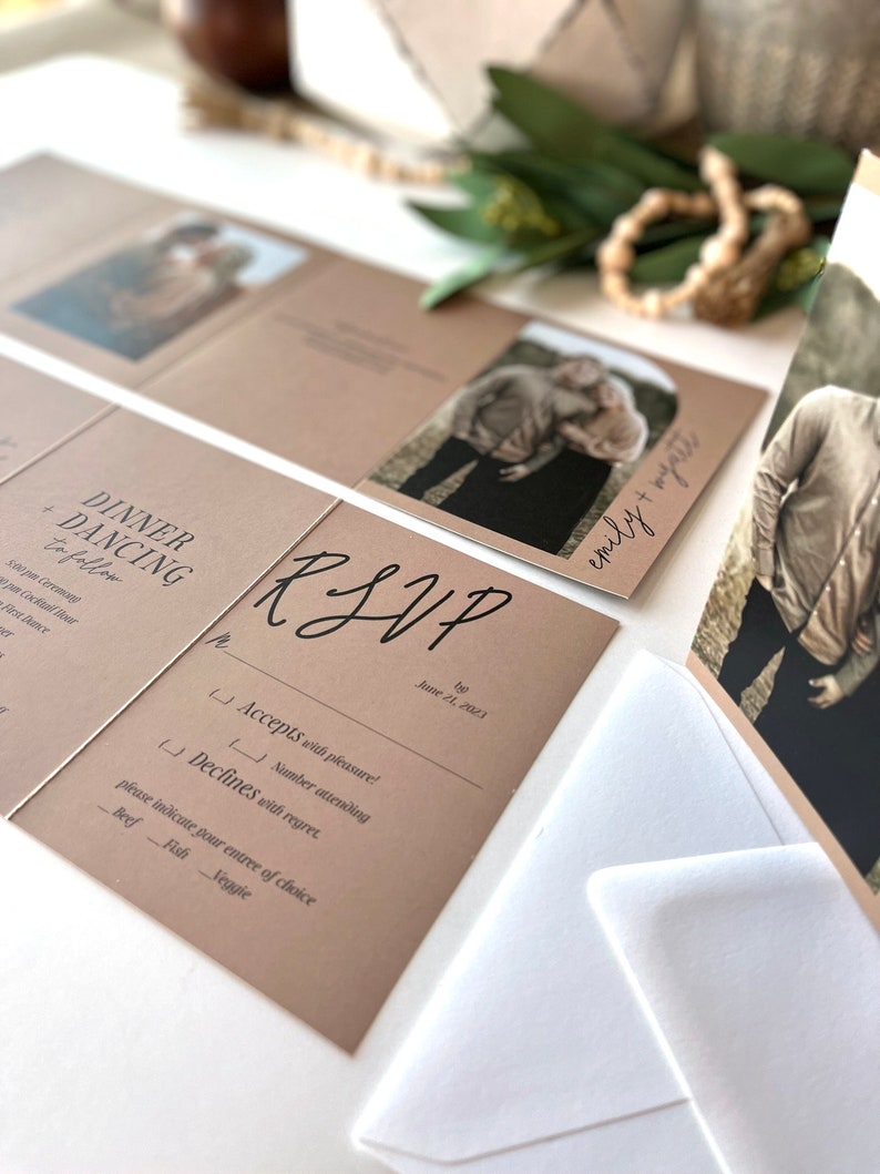 Custom Wedding Invitation Suite Minimalist Natural Wedding Invitation with Photos Arch Photo Tear Off RSVP Cards 249 image 7