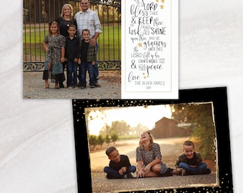 May include: Two family photos. One shows a family of five in front of a gate. The other shows three children laughing on a road. Text on the first photo reads "May the Lord bless & keep thee..." and "Love, The Bluer Family 2021."