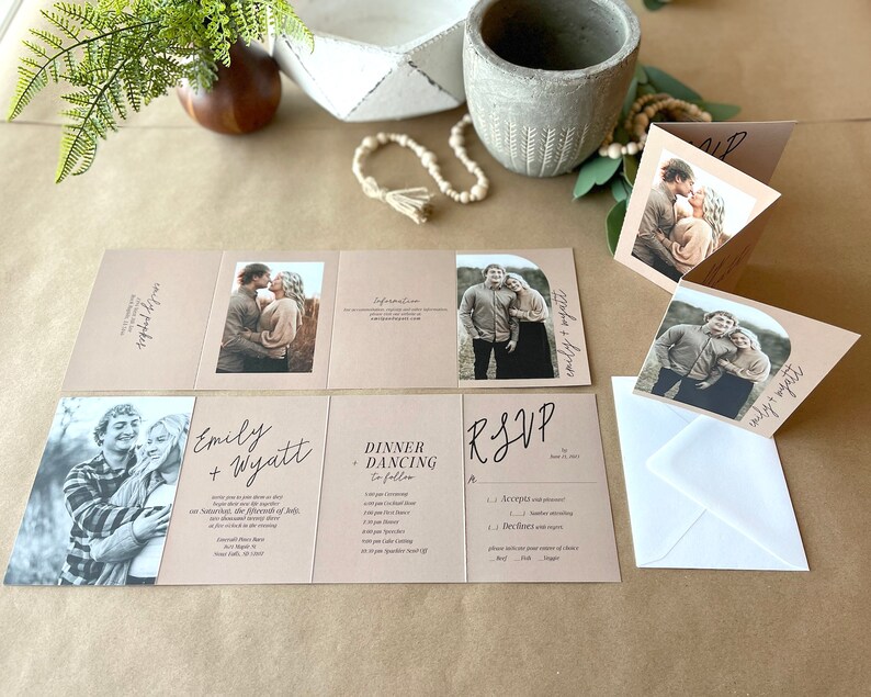 Custom Wedding Invitation Suite Minimalist Natural Wedding Invitation with Photos Arch Photo Tear Off RSVP Cards 249 image 2