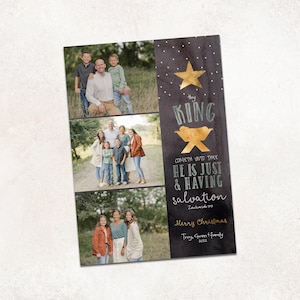 Christelijke Kerstkaarten · Fotokaarten · Uw Koning is Rechtvaardig & Het hebben van verlossing Zacharia 9:9 · Religieuze kerstkaart