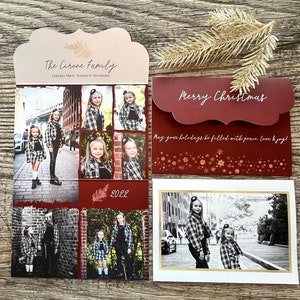 Tarjetas navideñas · Tarjetas navideñas plegadas y adornadas · Rojo y dorado incluyen más de 8 fotos · Personalizadas para TI