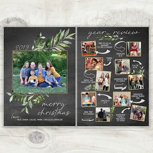 Chalkboard  & Greenery Year in Review Christmas Cards · Highlight 10 photos from the year · Holiday Photo Cards · Printable