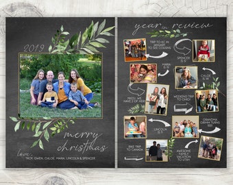 Chalkboard  & Greenery Year in Review Christmas Cards · Highlight 10 photos from the year · Holiday Photo Cards · Printable