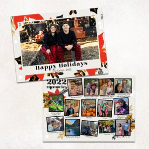 Jaaroverzicht Kerstvakantie fotokaarten · inclusief 14 foto's en updates · Moderne Poinsettia Zwart, Rood &Goud