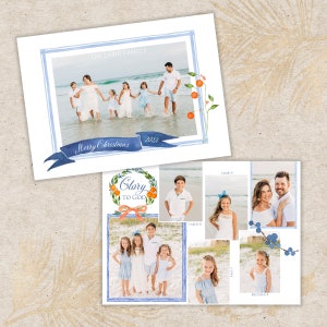 Cartões de fotos de Natal · Cartões de fotos de férias na praia · Cartão de Natal azul e laranja · 7 fotos