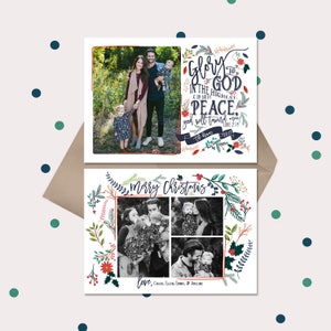 Cartões de Natal Cristãos · Floral Vintage Lucas 2:14 Versículo Bíblico · Dupla face com 2 opções de verso · flores vermelhas e azul marinho