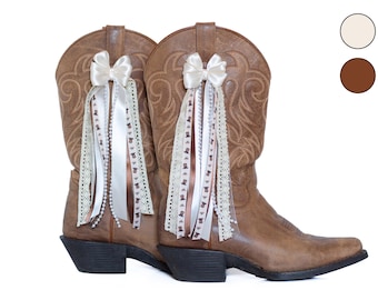 Laços para botas de show country em tons creme e marrom com estampa | Laços para botas em tons creme e marrom | Acessório para botas de show country | Laços para botas de show