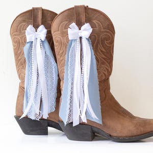 White and Denim Lacey Country Concert Boot Bows | White and Denim Lace and Chiffon Boot Bows | Country Concert Boot Accessory