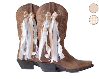 Geelbruine en witte gingham-coupé strikken cowboylaarzen | Geelbruine en witte laarsstrikken met gingham en chiffon | Accessoire voor countryconcertschoenen