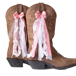 Lazos para botas vaqueras costeras de cuadros vichy rosas y blancos / Lazos para botas de gasa y cuadros vichy rosas y blancos / Accesorio para botas de concierto campestre