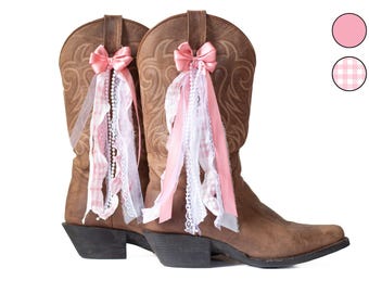 Pink and White Gingham Coastal Cowgirl Boot Bows | Pink and White Gingham and Chiffon Boot Bows | Country Concert Boot Accessory