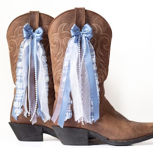 Blue and White Gingham Coastal Cowgirl Boot Bows | Blue and White Gingham and Chiffon Boot Bows | Country Concert Boot Accessory