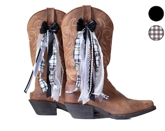 Zwart-witte cowboylaarzen met gingham-ruit | Zwart-witte laarsstrikken met gingham en chiffon | Accessoire voor countryconcertschoenen