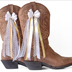 White, Gold, and Rhinestone Concert Boot Bows | All White and Lace Boot Bows | Country Concert Boot Accessory | Concert Boot Bows