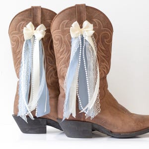 Cream and Denim Lacey Country Concert Boot Bows | Cream and Denim Lace and Chiffon Boot Bows | Country Concert Boot Accessory