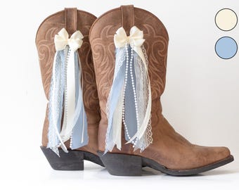 Cream and Denim Lacey Country Concert Boot Bows | Cream and Denim Lace and Chiffon Boot Bows | Country Concert Boot Accessory
