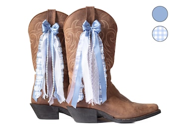 Blue and White Gingham Coastal Cowgirl Boot Bows | Blue and White Gingham and Chiffon Boot Bows | Country Concert Boot Accessory