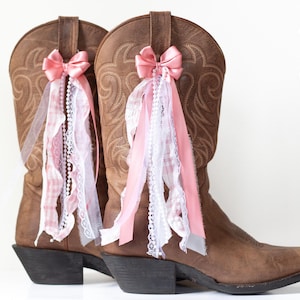 Pink and White Gingham Coastal Cowgirl Boot Bows | Pink and White Gingham and Chiffon Boot Bows | Country Concert Boot Accessory