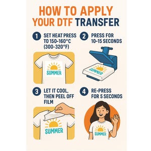 Puede incluir: Gu&iacute;a ilustrada sobre c&oacute;mo aplicar una transferencia DTF. Los pasos incluyen: ajustar la prensa de calor a 150-160&deg;C, presionar durante 10-15 segundos, dejar enfriar, despegar la pel&iacute;cula y volver a presionar durante 5 segundos. La imagen muestra una camiseta blanca con un gr&aacute;fico de sol y la palabra "SUMMER".