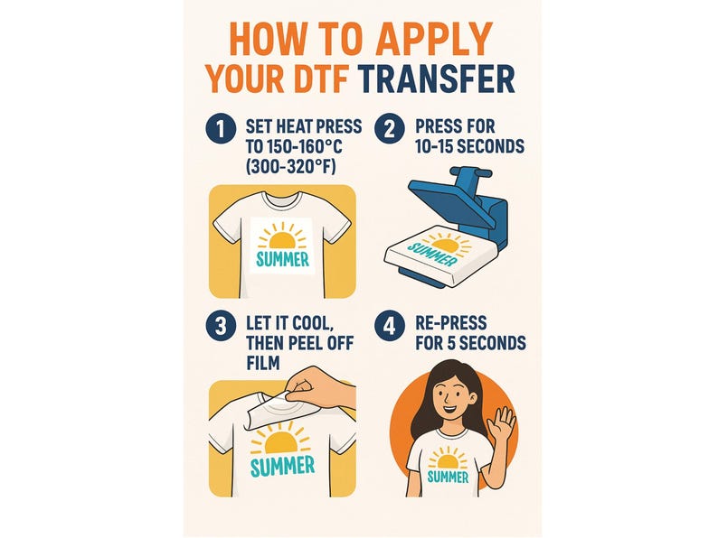 Puede incluir: Gu&iacute;a ilustrada sobre c&oacute;mo aplicar una transferencia DTF. Los pasos incluyen: ajustar la prensa de calor a 150-160&deg;C, presionar durante 10-15 segundos, dejar enfriar, despegar la pel&iacute;cula y volver a presionar durante 5 segundos. La imagen muestra una camiseta blanca con un gr&aacute;fico de sol y la palabra "SUMMER".