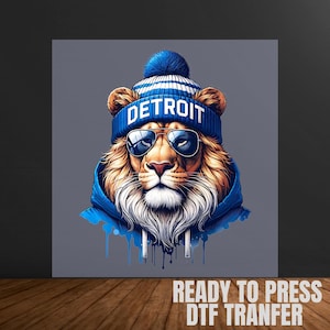 Detroit Lions Football tee,Ready To Press DTF, Retro Lion Head With Sunglasses,Detroit Logan DTF Print, Lions American Football DTF Transfer