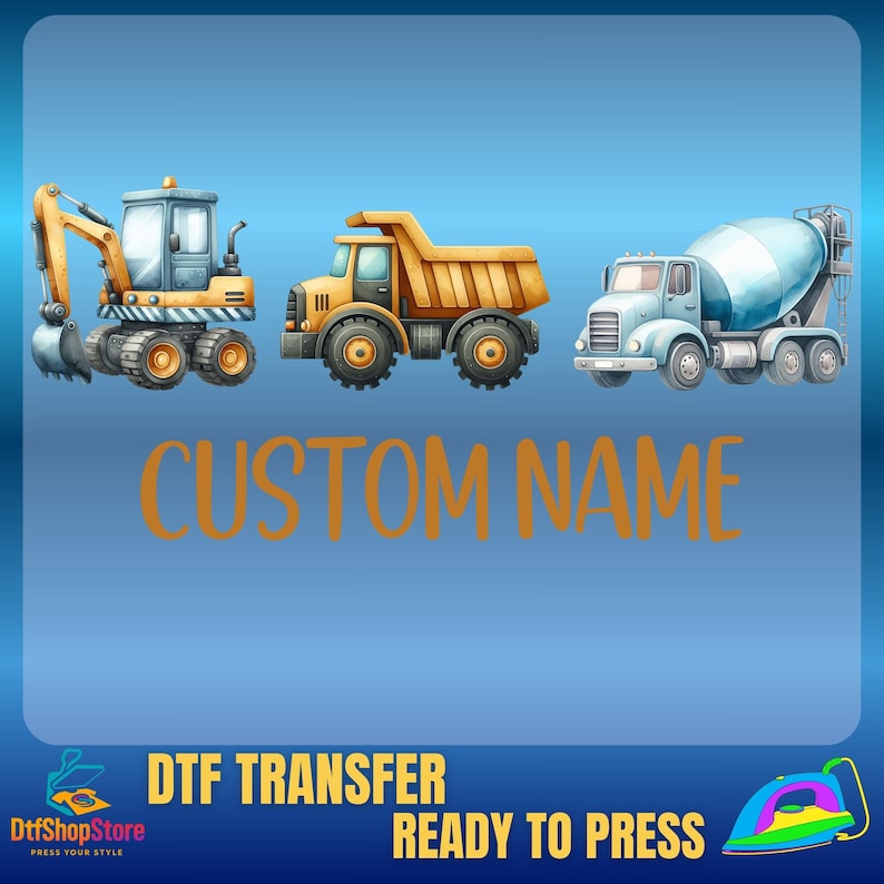 Puede incluir: Gr&aacute;fico digital con tres veh&iacute;culos de construcci&oacute;n: una excavadora, un cami&oacute;n volquete y una hormigonera. El texto "CUSTOM NAME" se muestra en naranja. El fondo es un degradado de azul.