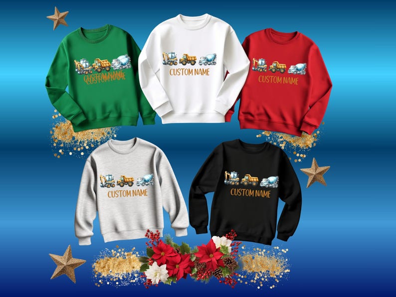 Puede incluir: Cinco sudaderas de cuello redondo en verde, blanco, rojo, gris y negro. Cada sudadera presenta un gr&aacute;fico de veh&iacute;culos de construcci&oacute;n y el texto "CUSTOM NAME" en marr&oacute;n. Las sudaderas se muestran sobre un fondo azul con estrellas doradas y decoraciones florales.