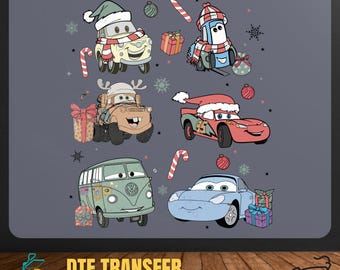 May include: A gray background features cartoon cars decorated for Christmas. The cars include a yellow car with a Santa hat, a blue car with a scarf, a brown truck with antlers, a red race car, a green van, and a blue car. Candy canes and snowflakes are also present.
