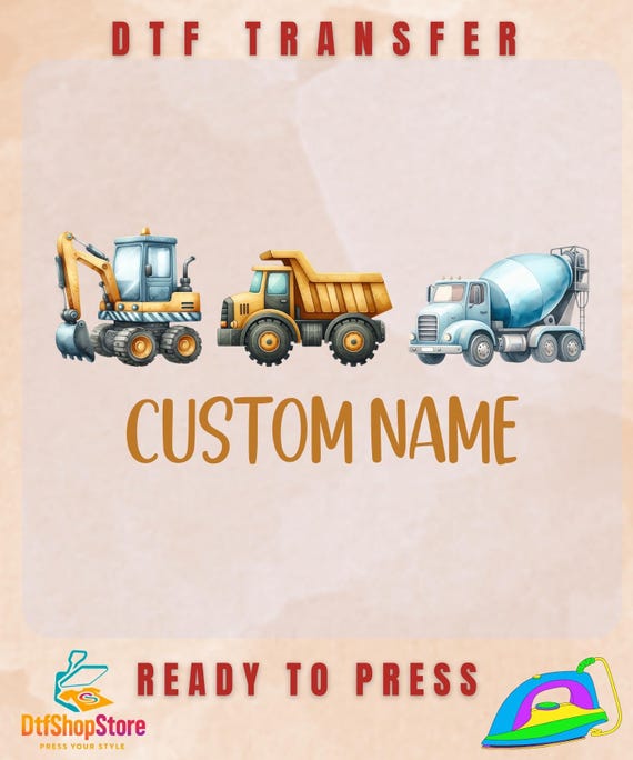 Construction Vehicles Custom Name DTF Transfer (Ready to Press) – Kids Birthday Tee Print