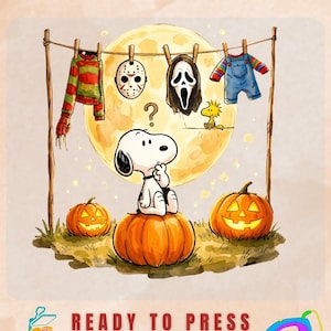 May include: A DTF transfer sheet featuring a cartoon dog sitting on a pumpkin in front of a full moon. A clothesline above displays a striped sweater, a hockey mask, a ghost mask, and blue overalls. Text reads DTF TRANSFER and READY TO PRESS.