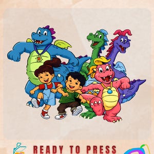 May include: A DTF transfer sheet featuring a colorful cartoon illustration of two children and three dragons. The text DTF TRANSFER and READY TO PRESS is printed in red. The design includes a blue dragon, a green dragon, and a pink dragon.