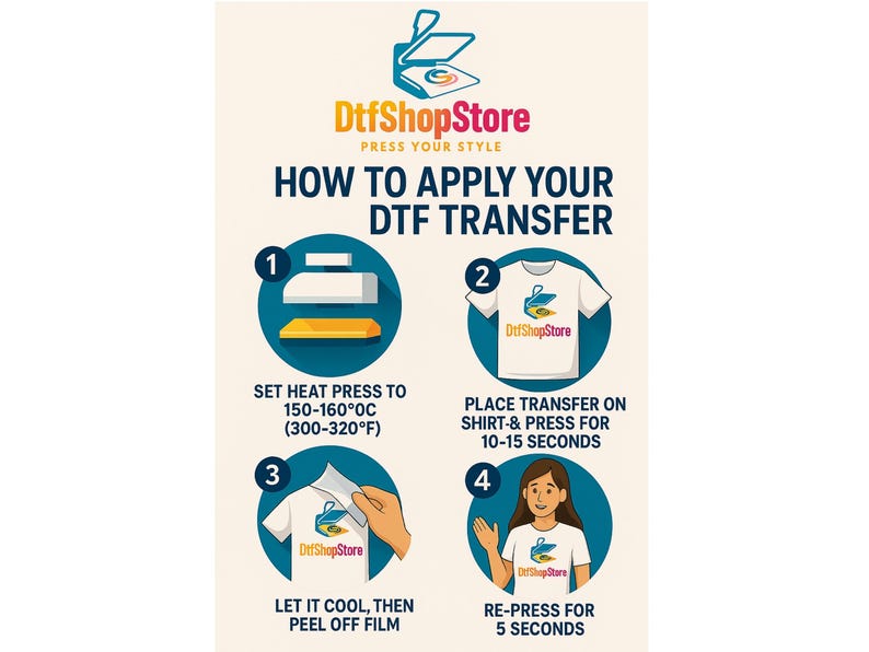 Puede incluir: Un gr&aacute;fico instructivo de DtfShopStore, titulado "C&oacute;mo aplicar tu transferencia DTF". Detalla los pasos: ajustar una prensa de calor a 150-160&deg;C, colocar la transferencia en una camiseta, presionar durante 10-15 segundos, dejar enfriar, retirar la pel&iacute;cula y volver a presionar durante 5 segundos.