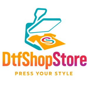 Puede incluir: Logotipo de DtfShopStore, con una plancha t&eacute;rmica turquesa sobre una camiseta naranja con un dise&ntilde;o circular. El nombre de la tienda est&aacute; en degradado de naranja a morado, con el lema "PRESS YOUR STYLE" debajo.