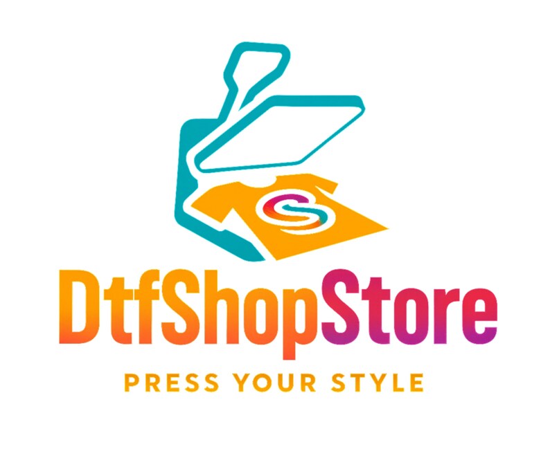 Puede incluir: Logotipo de DtfShopStore, con una plancha t&eacute;rmica turquesa sobre una camiseta naranja con un dise&ntilde;o circular. El nombre de la tienda est&aacute; en degradado de naranja a morado, con el lema "PRESS YOUR STYLE" debajo.