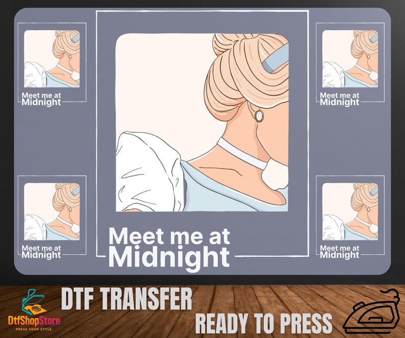 Puede incluir: Una transferencia DTF con una ilustraci&oacute;n de dibujos animados de una mujer con cabello rubio y un vestido azul, con el texto "Meet me at Midnight". El dise&ntilde;o est&aacute; listo para planchar.
