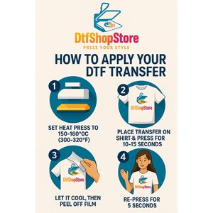 Puede incluir: Infograf&iacute;a con el logotipo de DtfShopStore e instrucciones sobre c&oacute;mo aplicar una transferencia DTF. Los pasos incluyen configurar la prensa de calor, colocar la transferencia en una camiseta, dejar enfriar y volver a planchar. La temperatura se indica en grados Celsius.